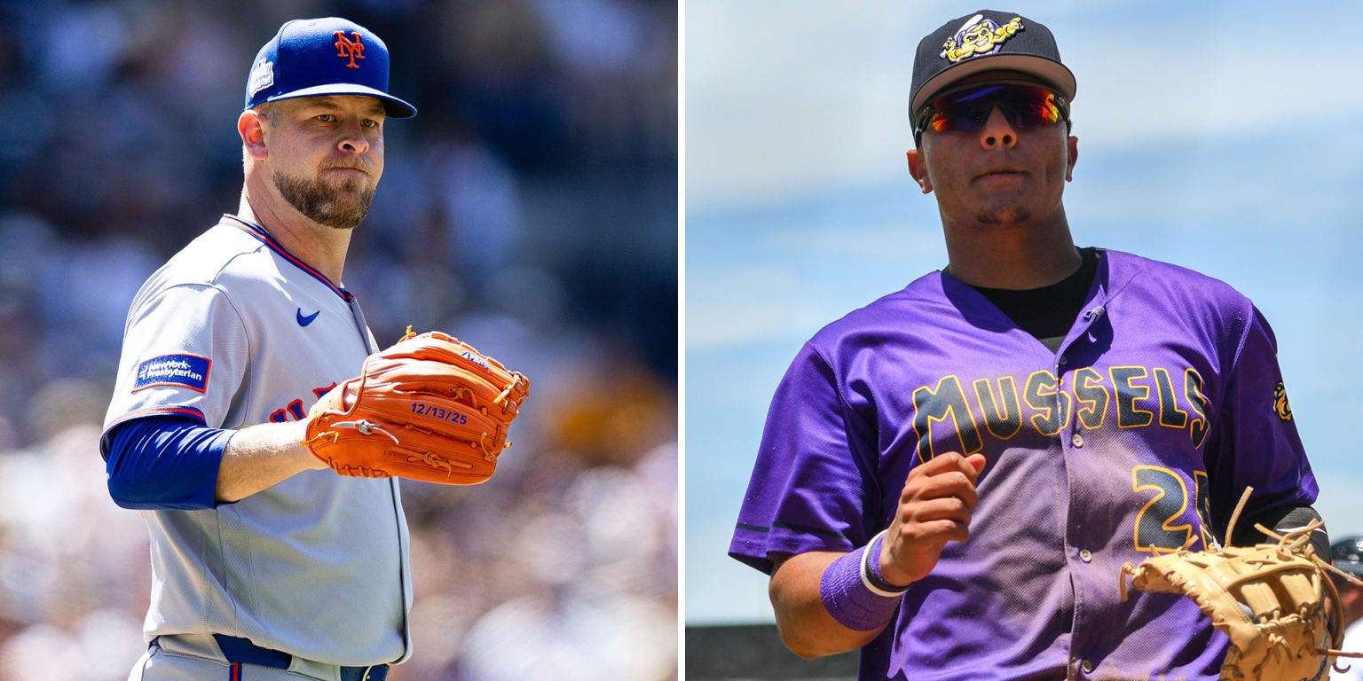 A.J. Minter with the Mets and infield prospect Bruin Agbayani in a trade graphic
