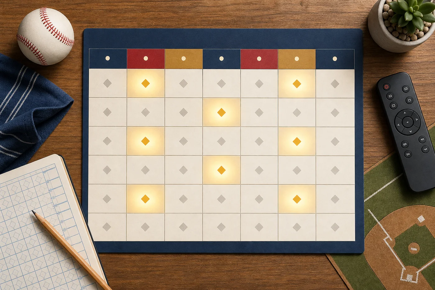 An illustrated weekly calendar with glowing baseball broadcast windows, a baseball and a television remote