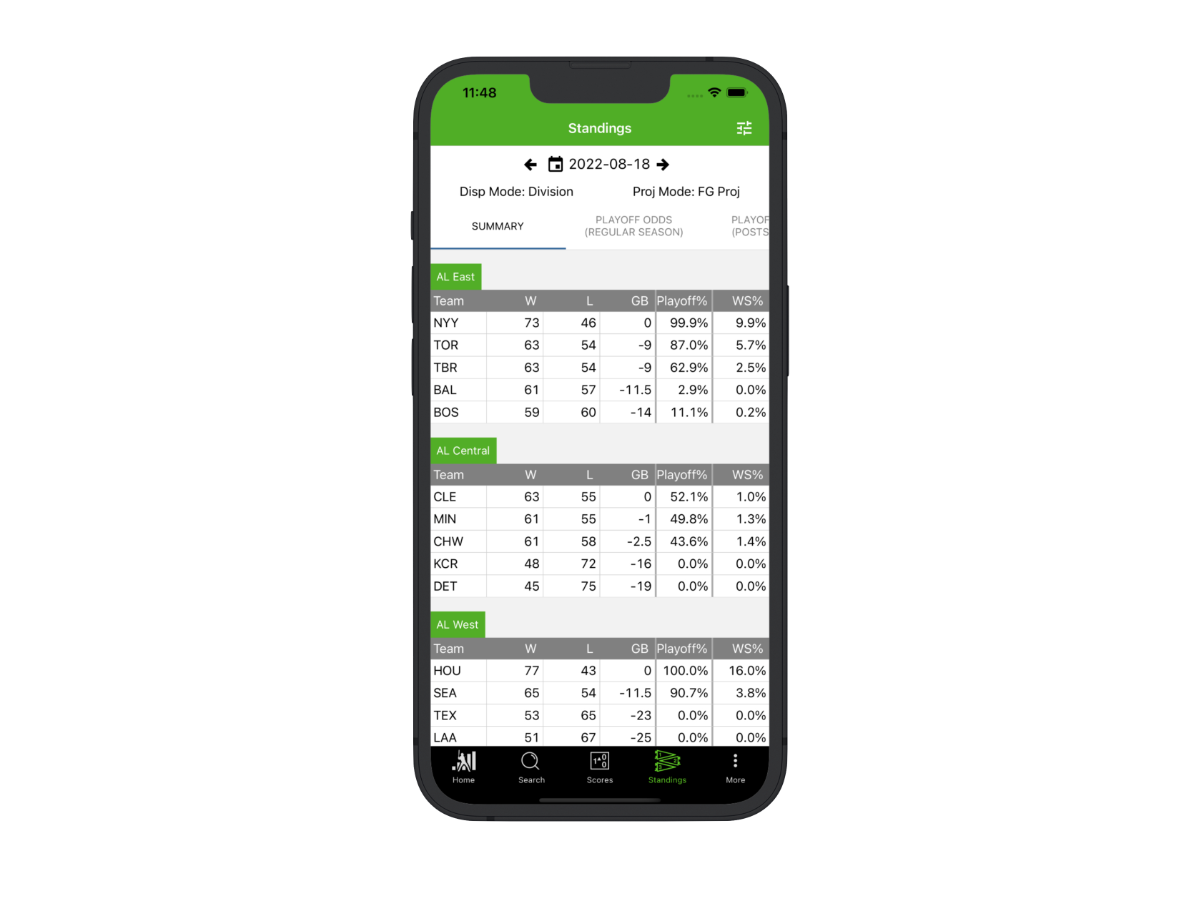 FanGraphs mobile standings screen displaying MLB records and playoff probability columns