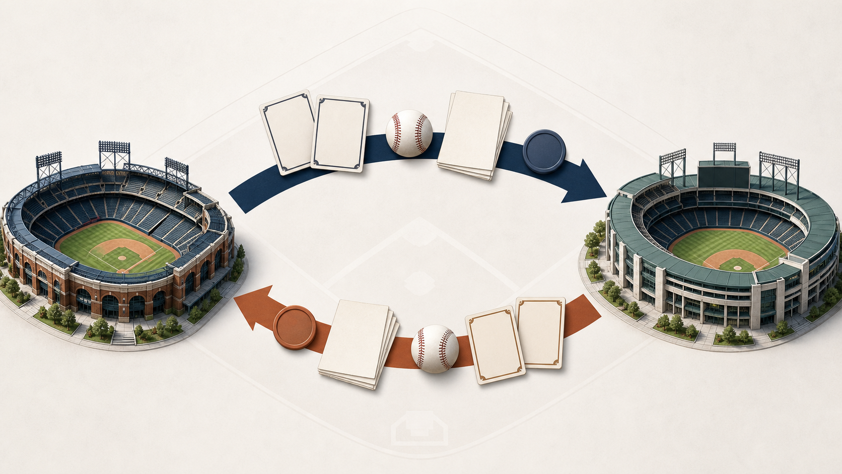 Two generic baseball parks exchanging blank player cards, baseballs and paperwork in opposite directions