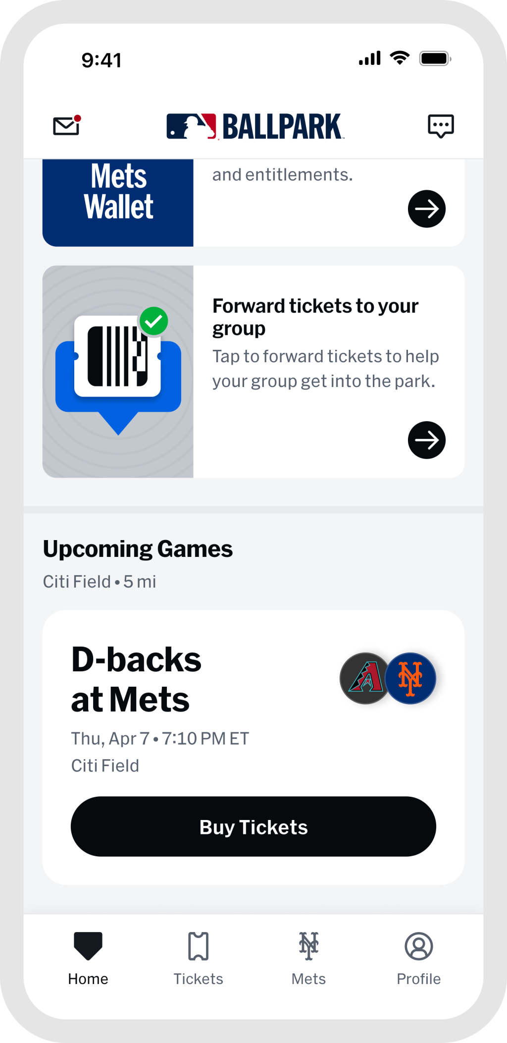 MLB Ballpark app screen showing Mets Wallet, ticket forwarding and an upcoming game