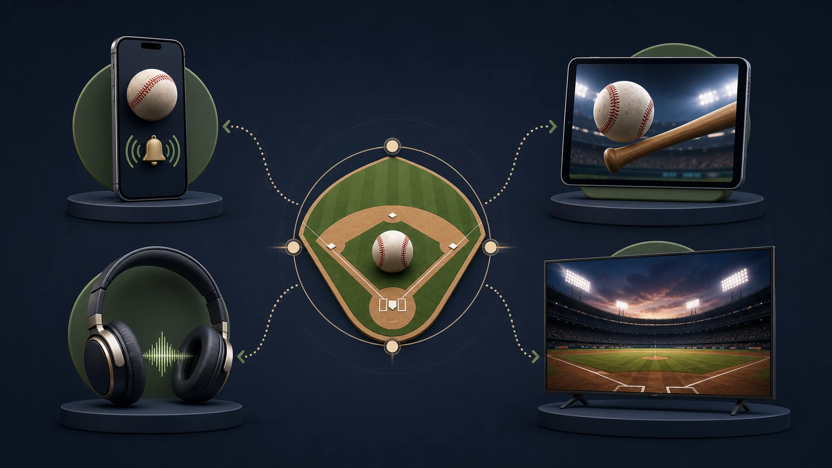 A visual comparison of baseball score alerts, video streaming, radio listening and smart television viewing