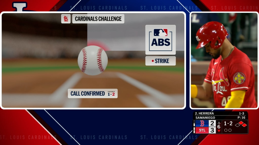 Cardinals ABS challenge graphic confirming a pitch as a strike during a 2026 game