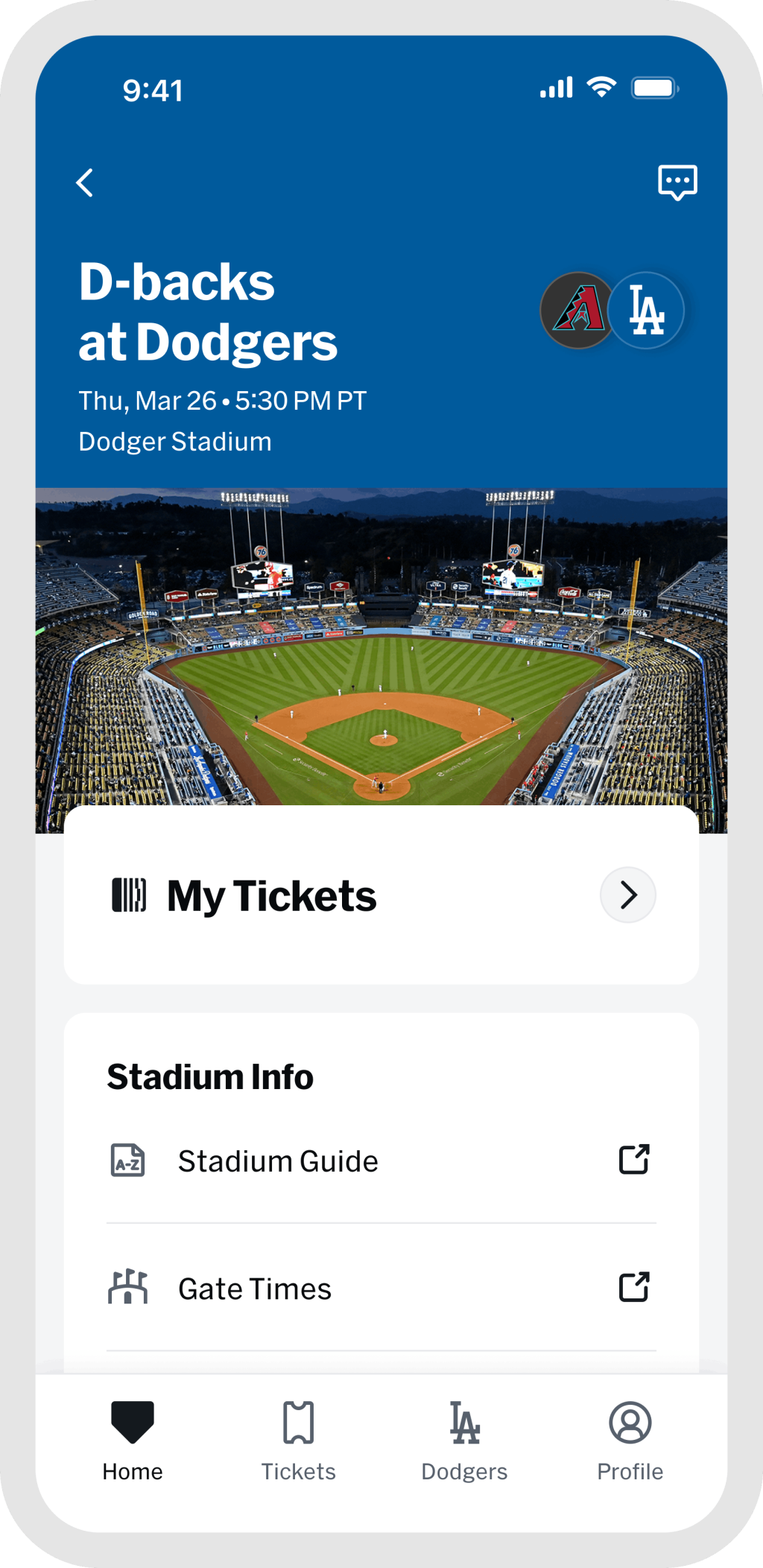 Official MLB Ballpark event hub showing a Dodgers game and My Tickets button