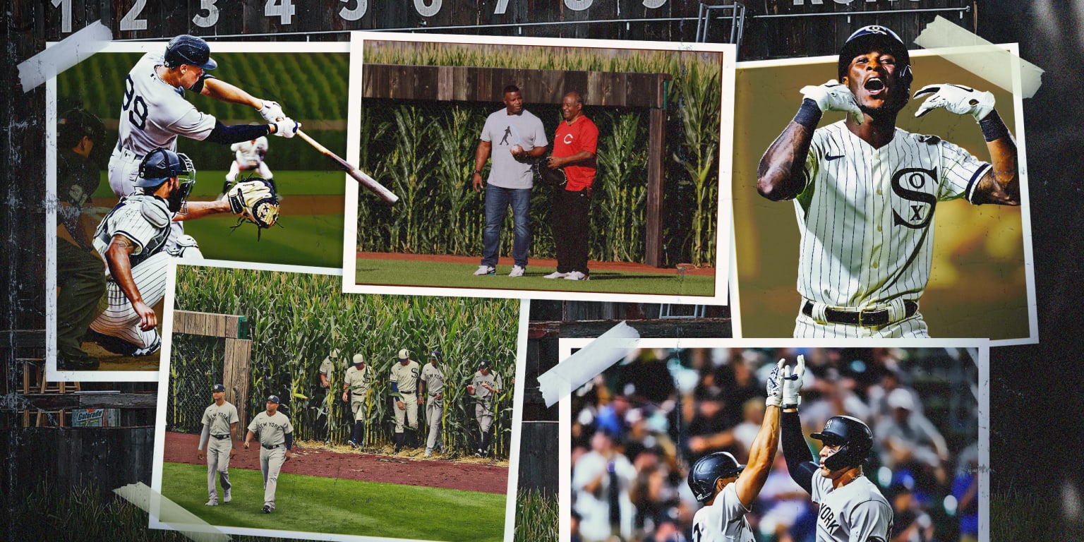 Montage of Yankees and White Sox players at the Field of Dreams ballpark in Iowa