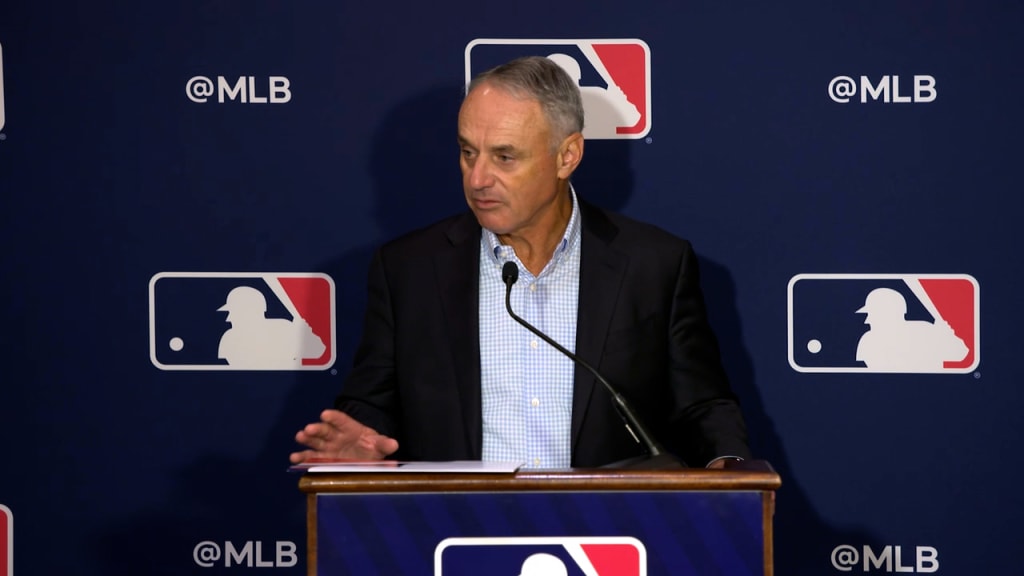 MLB Commissioner Rob Manfred speaking at a labor-negotiations press conference
