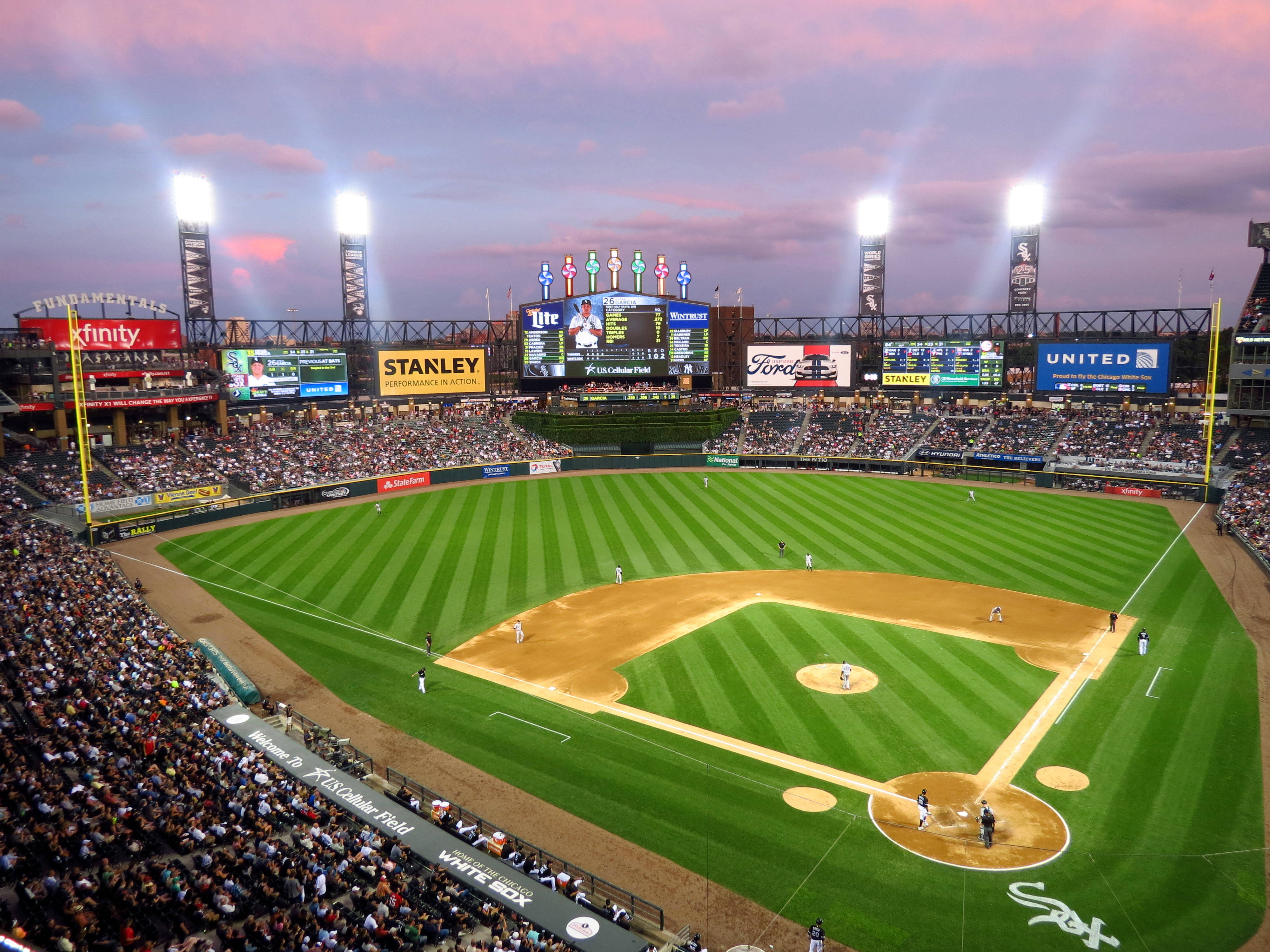 Scoreboard overlooking an MLB game at the former U.S. Cellular Field in Chicago