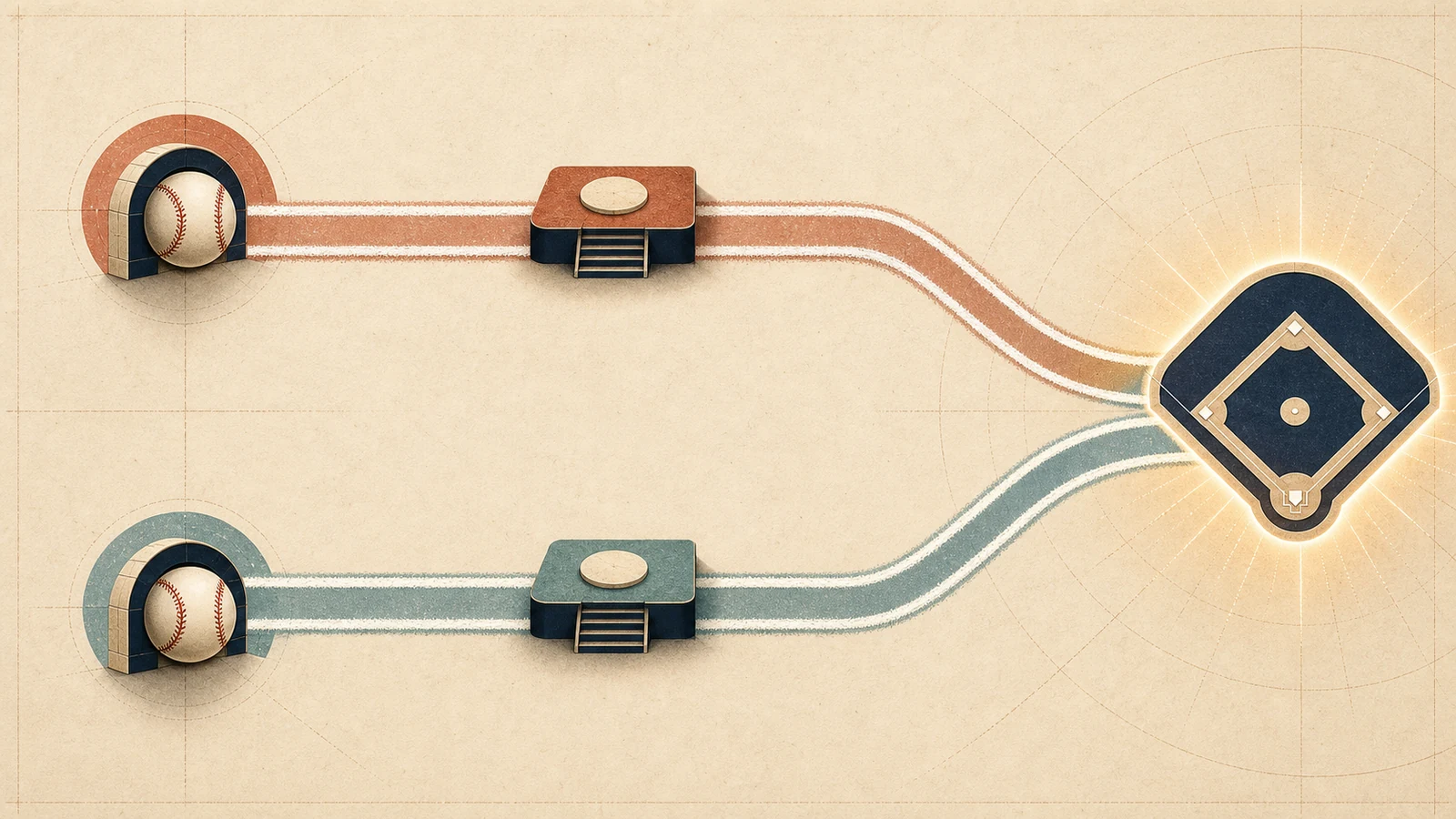 Two separate baseball pathways pass waiting platforms and converge on a championship diamond