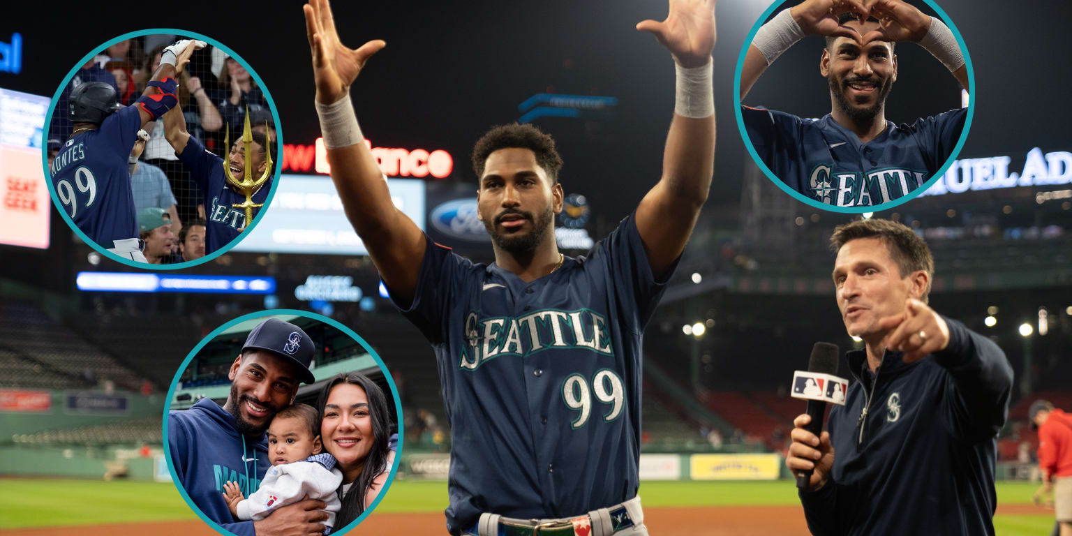 Lazaro Montes celebrating in a Seattle Mariners uniform after his major-league debut