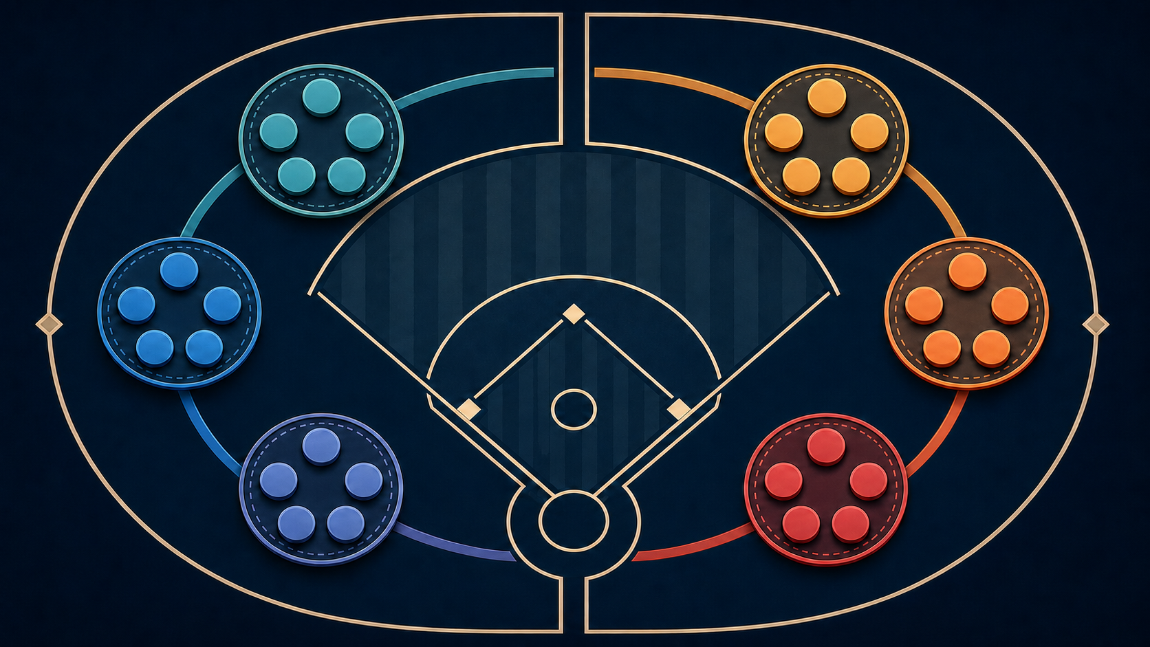 Abstract baseball field diagram with six colored groups of five markers