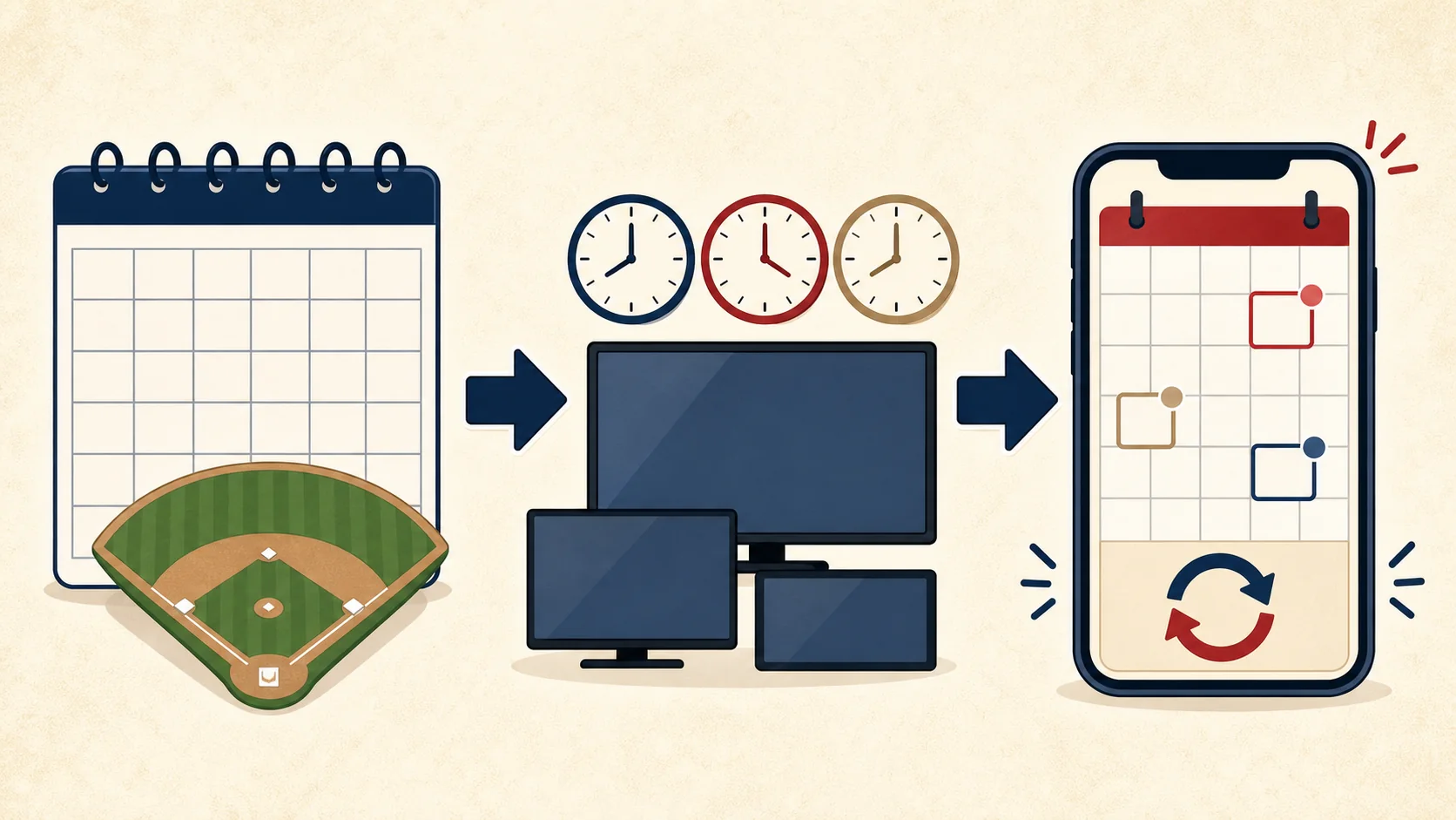 Illustrated flow from a baseball matchup calendar to game clocks and schedule updates