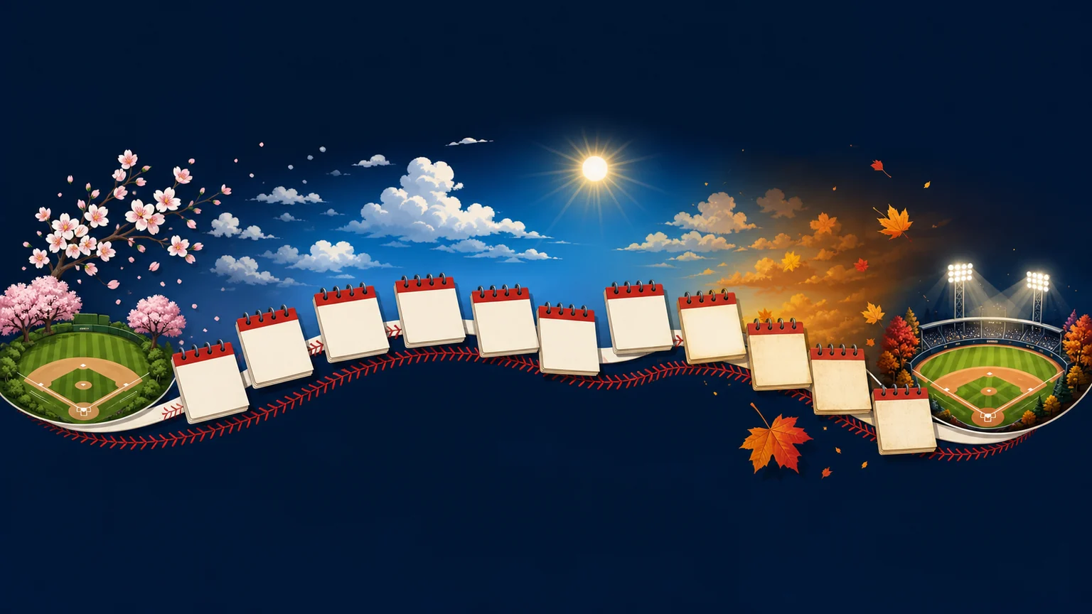 Illustrated baseball calendar moving from spring Opening Day to an autumn final weekend