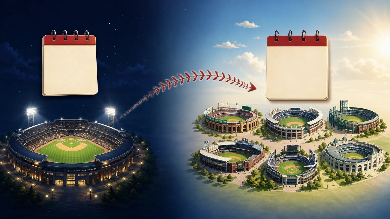 Illustrated two-stage baseball opening with one ballpark at night followed by several ballparks in daylight