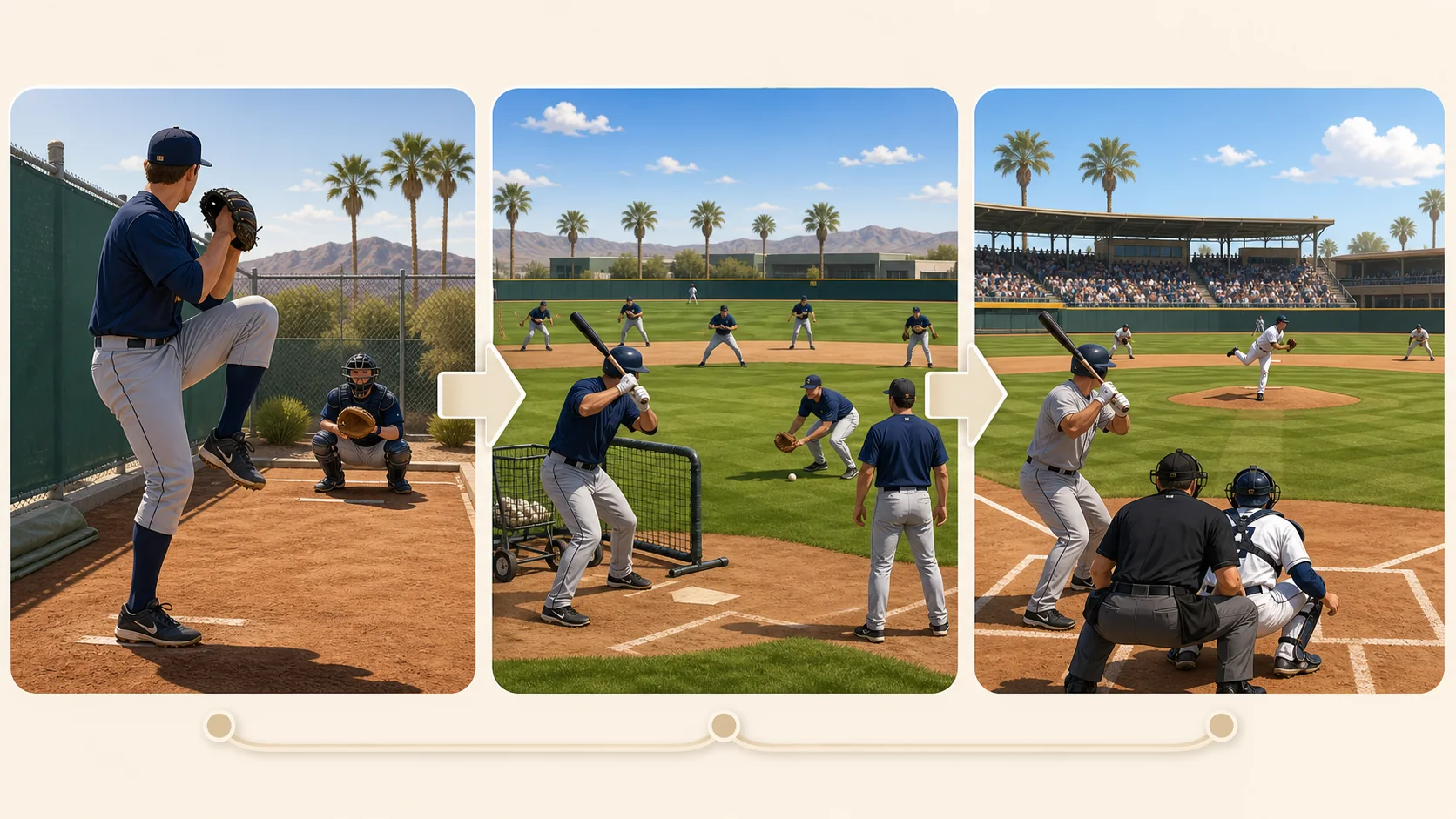 Three-panel illustration of bullpen work, full-team field drills and a baseball exhibition game